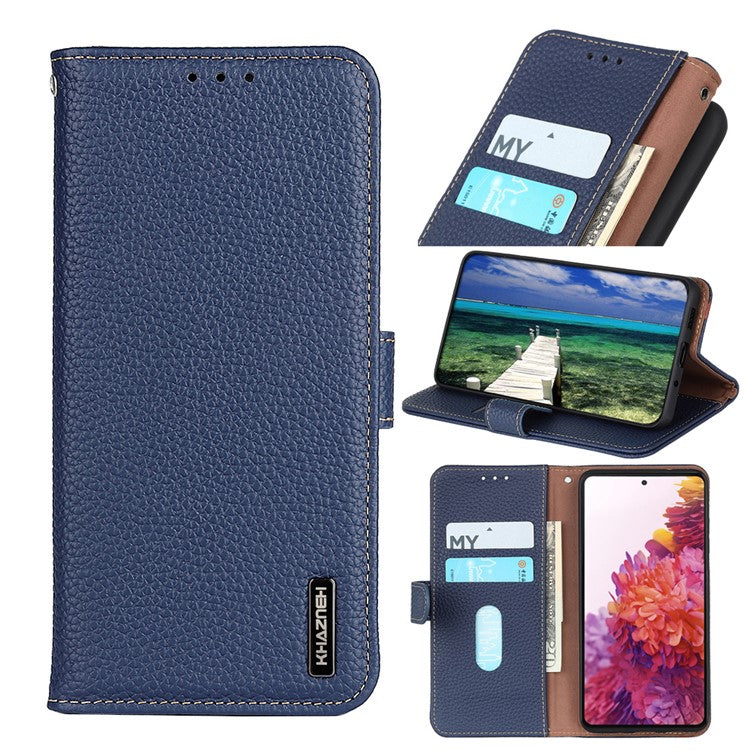 KHAZNEH Full Stylish Litchi Texture Wallet Case Genuine Leather Folio Flip Stand Cover for Honor 60 Pro - Blue