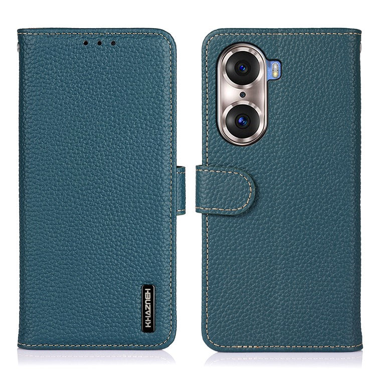 KHAZNEH Full Stylish Litchi Texture Wallet Case Genuine Leather Folio Flip Stand Cover for Honor 60 Pro - Green