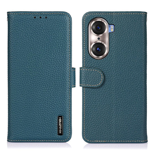 KHAZNEH Full Stylish Litchi Texture Wallet Case Genuine Leather Folio Flip Stand Cover for Honor 60 Pro - Green