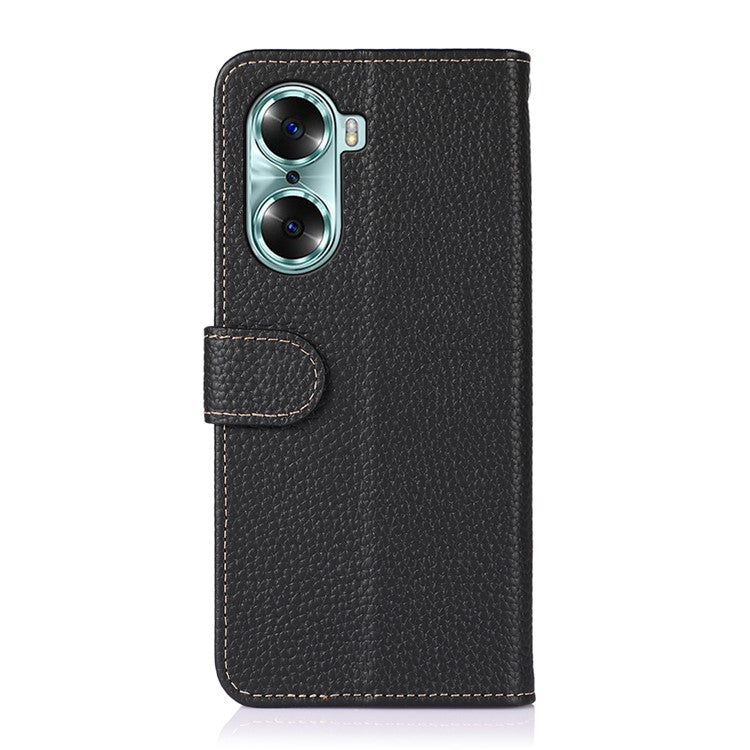 KHAZNEH Litchi Texture Genuine Leather Wallet Folio Flip Cover Magnetic Closure Stand Phone Case for Honor 60 - Black