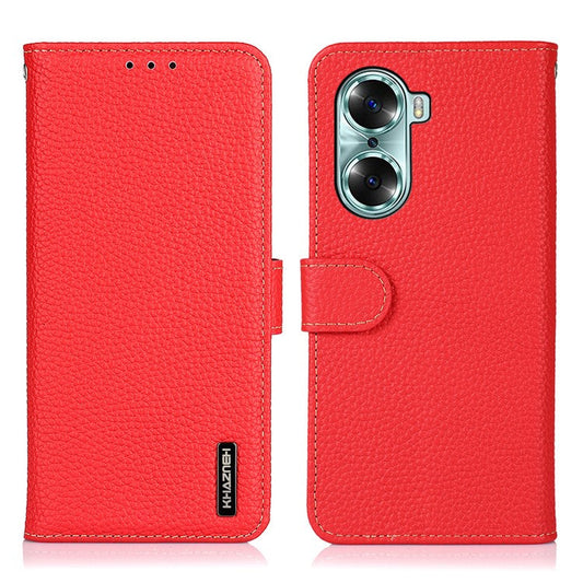 KHAZNEH Litchi Texture Genuine Leather Wallet Folio Flip Cover Magnetic Closure Stand Phone Case for Honor 60 - Red