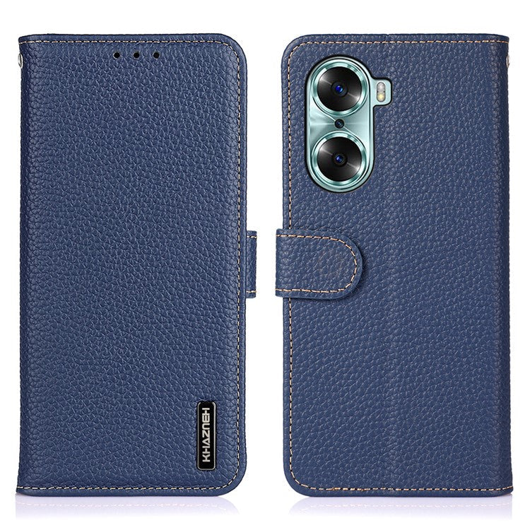 KHAZNEH Litchi Texture Genuine Leather Wallet Folio Flip Cover Magnetic Closure Stand Phone Case for Honor 60 - Blue