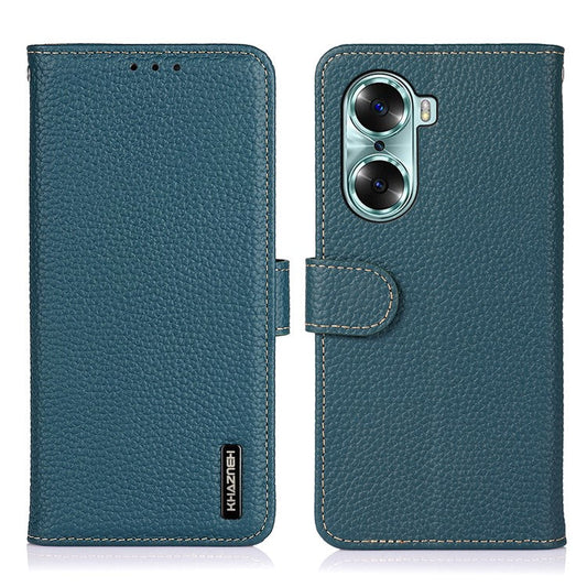 KHAZNEH Litchi Texture Genuine Leather Wallet Folio Flip Cover Magnetic Closure Stand Phone Case for Honor 60 - Green