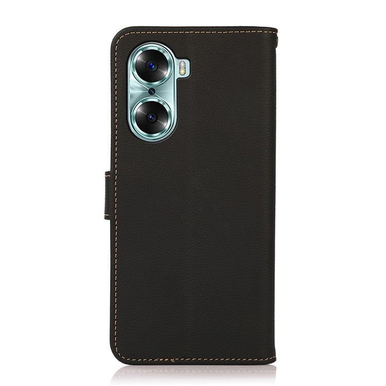 KHAZNEH Top Layer Genuine Leather Flip Wallet Case RFID Blocking Stand Shockproof TPU Inner Shell Phone Cover for Honor 60 - Black