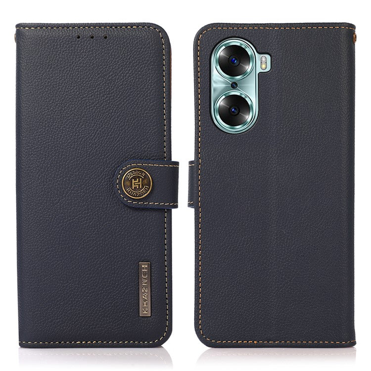 KHAZNEH Top Layer Genuine Leather Flip Wallet Case RFID Blocking Stand Shockproof TPU Inner Shell Phone Cover for Honor 60 - Blue