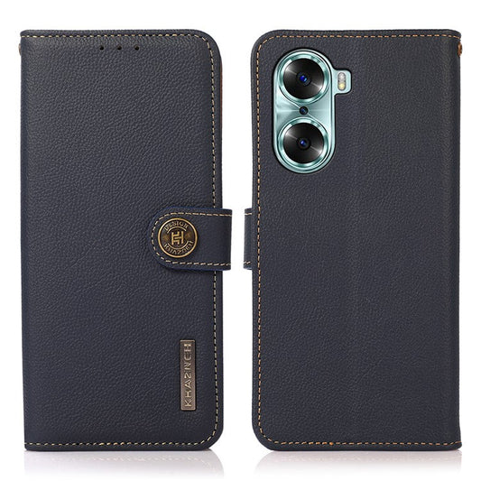KHAZNEH Top Layer Genuine Leather Flip Wallet Case RFID Blocking Stand Shockproof TPU Inner Shell Phone Cover for Honor 60 - Blue