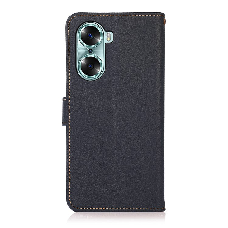 KHAZNEH Top Layer Genuine Leather Flip Wallet Case RFID Blocking Stand Shockproof TPU Inner Shell Phone Cover for Honor 60 - Blue