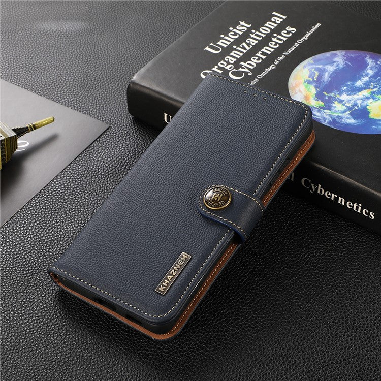 KHAZNEH Top Layer Genuine Leather Flip Wallet Case RFID Blocking Stand Shockproof TPU Inner Shell Phone Cover for Honor 60 - Blue