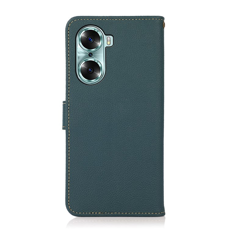 KHAZNEH Top Layer Genuine Leather Flip Wallet Case RFID Blocking Stand Shockproof TPU Inner Shell Phone Cover for Honor 60 - Green