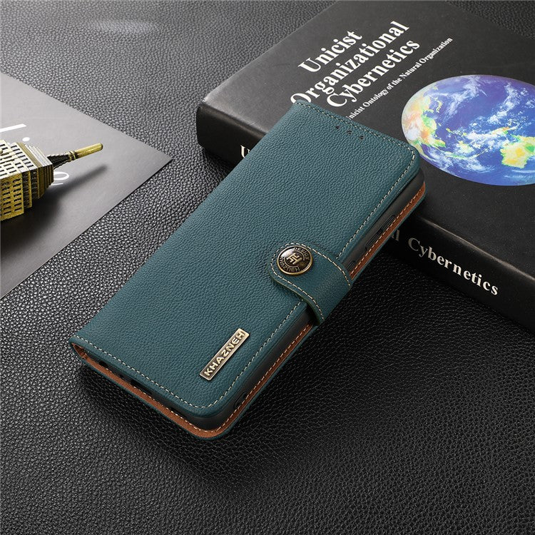 KHAZNEH Top Layer Genuine Leather Flip Wallet Case RFID Blocking Stand Shockproof TPU Inner Shell Phone Cover for Honor 60 - Green