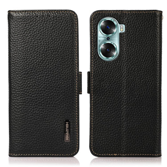 KHAZNEH RFID Blocking Flip Folio Wallet Case Stand Litchi Texture Top Layer Genuine Leather Phone Cover for Honor 60 - Black