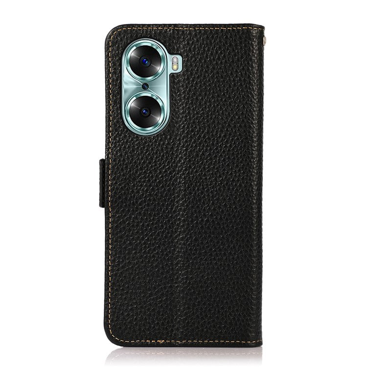 KHAZNEH RFID Blocking Flip Folio Wallet Case Stand Litchi Texture Top Layer Genuine Leather Phone Cover for Honor 60 - Black