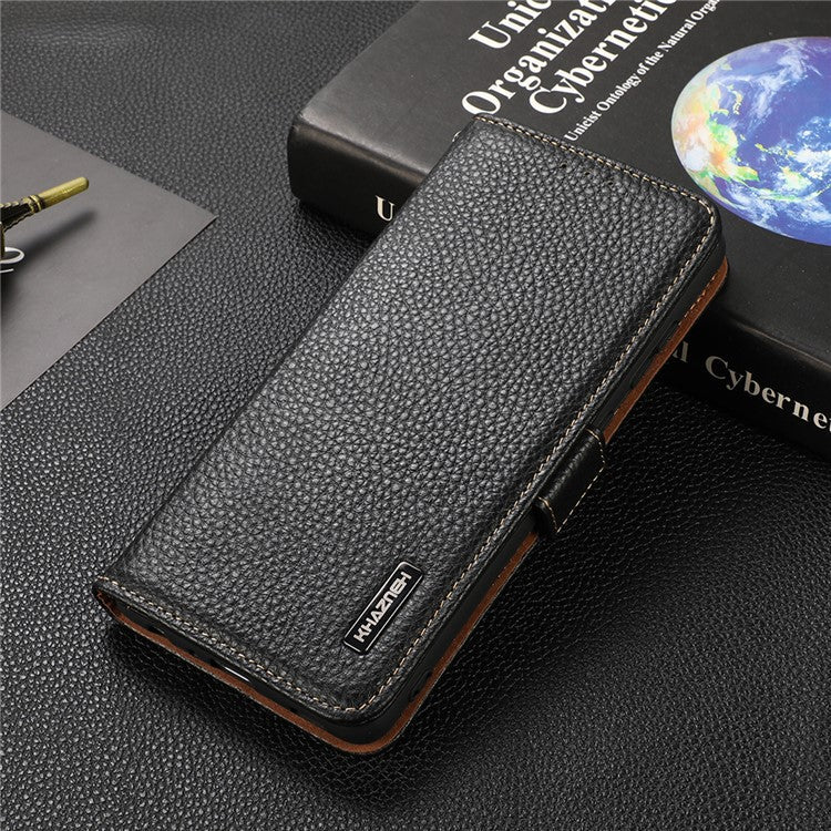 KHAZNEH RFID Blocking Flip Folio Wallet Case Stand Litchi Texture Top Layer Genuine Leather Phone Cover for Honor 60 - Black