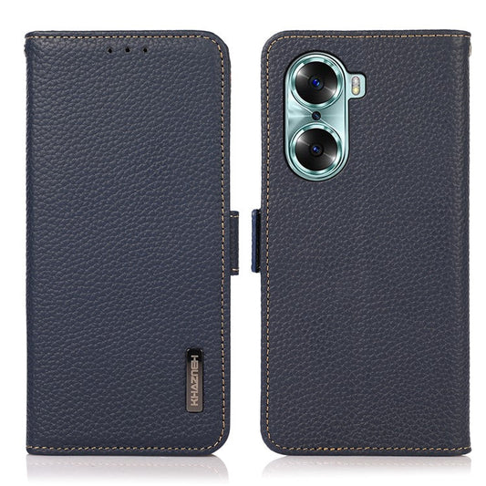 KHAZNEH RFID Blocking Flip Folio Wallet Case Stand Litchi Texture Top Layer Genuine Leather Phone Cover for Honor 60 - Blue