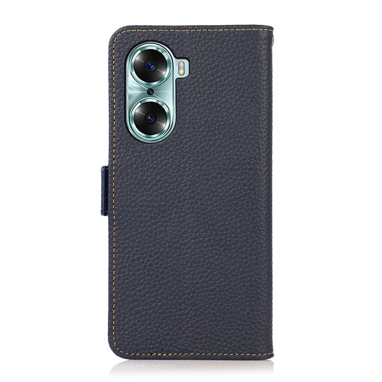 KHAZNEH RFID Blocking Flip Folio Wallet Case Stand Litchi Texture Top Layer Genuine Leather Phone Cover for Honor 60 - Blue