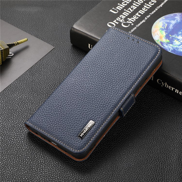 KHAZNEH RFID Blocking Flip Folio Wallet Case Stand Litchi Texture Top Layer Genuine Leather Phone Cover for Honor 60 - Blue