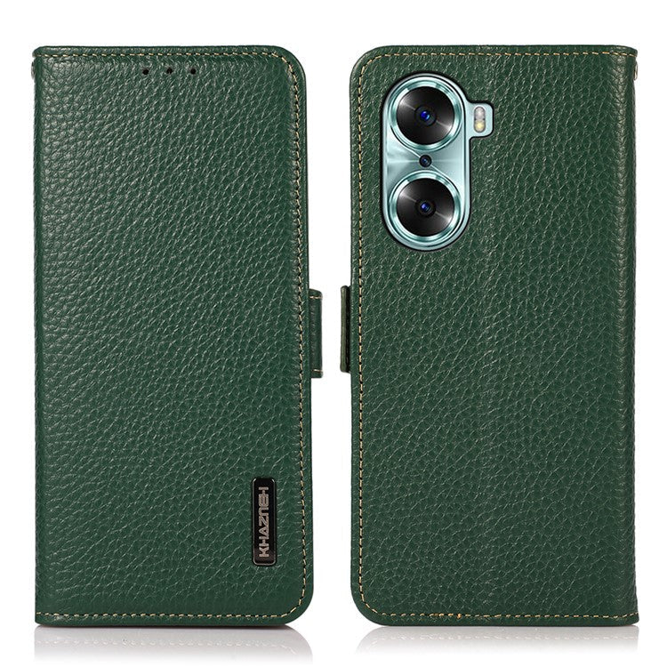 KHAZNEH RFID Blocking Flip Folio Wallet Case Stand Litchi Texture Top Layer Genuine Leather Phone Cover for Honor 60 - Green
