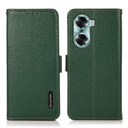 KHAZNEH RFID Blocking Flip Folio Wallet Case Stand Litchi Texture Top Layer Genuine Leather Phone Cover for Honor 60 - Green