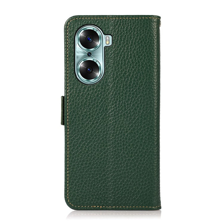 KHAZNEH RFID Blocking Flip Folio Wallet Case Stand Litchi Texture Top Layer Genuine Leather Phone Cover for Honor 60 - Green