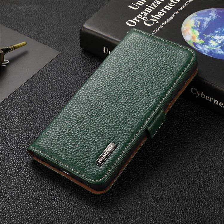 KHAZNEH RFID Blocking Flip Folio Wallet Case Stand Litchi Texture Top Layer Genuine Leather Phone Cover for Honor 60 - Green