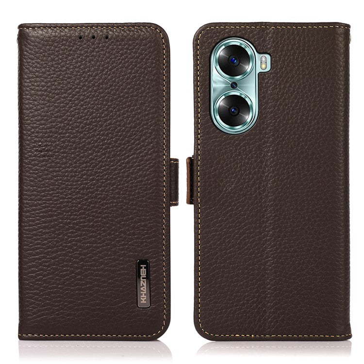 KHAZNEH RFID Blocking Flip Folio Wallet Case Stand Litchi Texture Top Layer Genuine Leather Phone Cover for Honor 60 - Brown