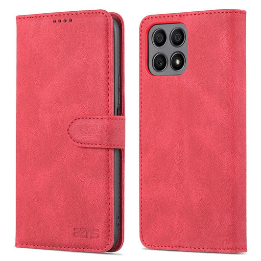 AZNS Magnetic Closure PU Leather Flip Wallet Case Stand Shockproof TPU Inner Shell Phone Cover for Honor X30i - Red