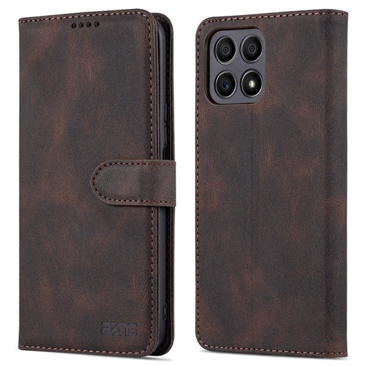 AZNS Magnetic Closure PU Leather Flip Wallet Case Stand Shockproof TPU Inner Shell Phone Cover for Honor X30i - Brown