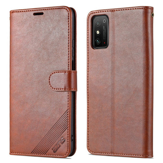 AZNS Textured PU Leather Stand Wallet Case Magnetic Clasp Shock-absorption Cover for Honor X10 Max/X30 Max - Brown