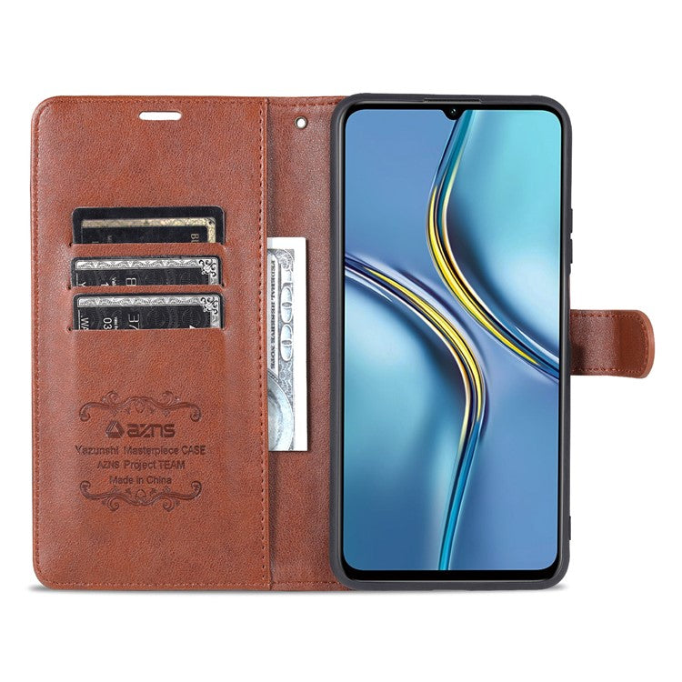 AZNS Textured PU Leather Stand Wallet Case Magnetic Clasp Shock-absorption Cover for Honor X10 Max/X30 Max - Brown