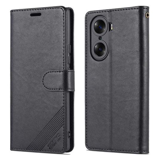 AZNS Anti-scratch Anti-fingerprint Textured TPU + PU Leather Stand Wallet Case Magnetic Phone Cover for Honor 60 Pro - Black