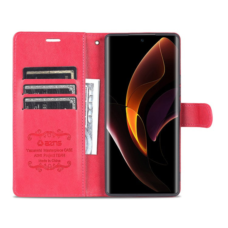 AZNS Anti-scratch Anti-fingerprint Textured TPU + PU Leather Stand Wallet Case Magnetic Phone Cover for Honor 60 Pro - Red