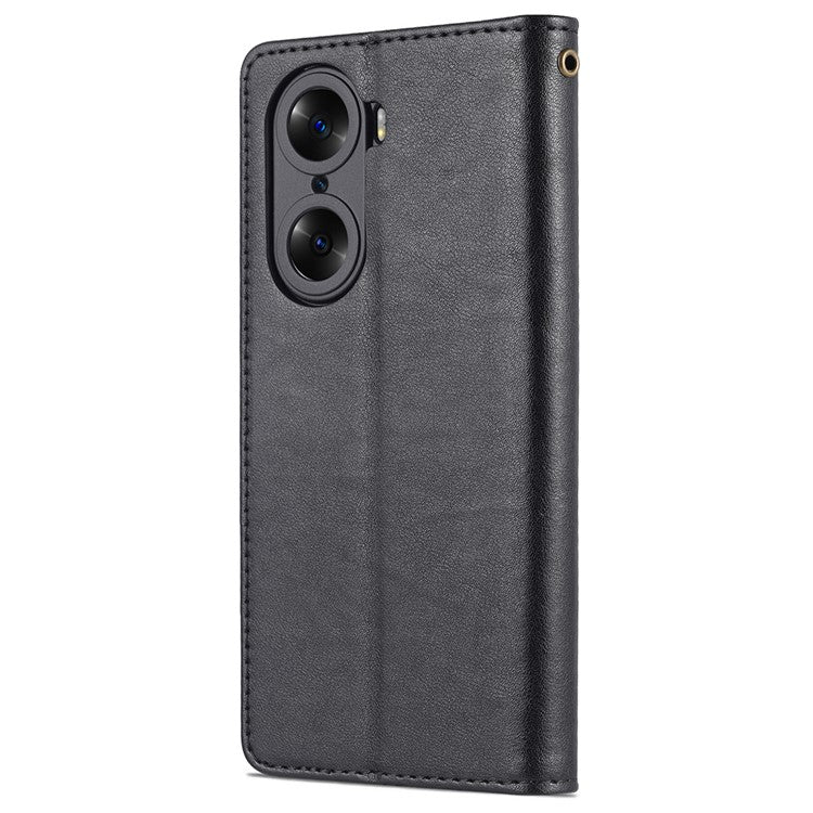 AZNS Stylish Textured PU Leather Stand Wallet Case Magnetic Clasp Shock-absorption Cover for Honor 60 - Black