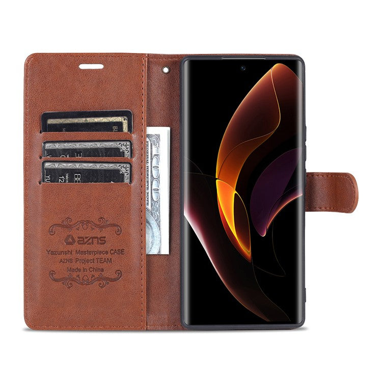 AZNS Stylish Textured PU Leather Stand Wallet Case Magnetic Clasp Shock-absorption Cover for Honor 60 - Brown
