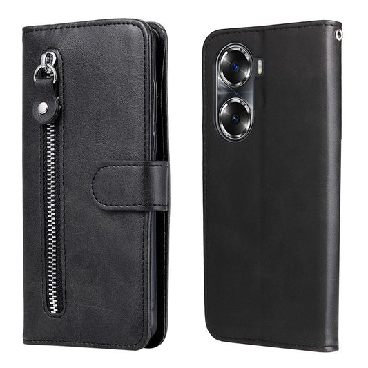 Drop Proof PU Leather Zippered Pocket Phone Case Coin Holder Wallet Stand Folding Case for Honor 60 - Black