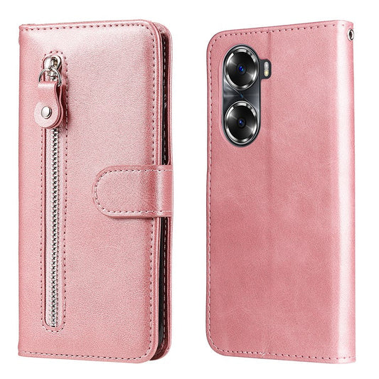 Drop Proof PU Leather Zippered Pocket Phone Case Coin Holder Wallet Stand Folding Case for Honor 60 - Rose Gold