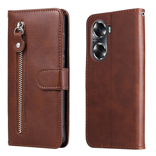 Drop Proof PU Leather Zippered Pocket Phone Case Coin Holder Wallet Stand Folding Case for Honor 60 - Brown