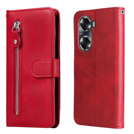 Drop Proof PU Leather Zippered Pocket Phone Case Coin Holder Wallet Stand Folding Case for Honor 60 - Red