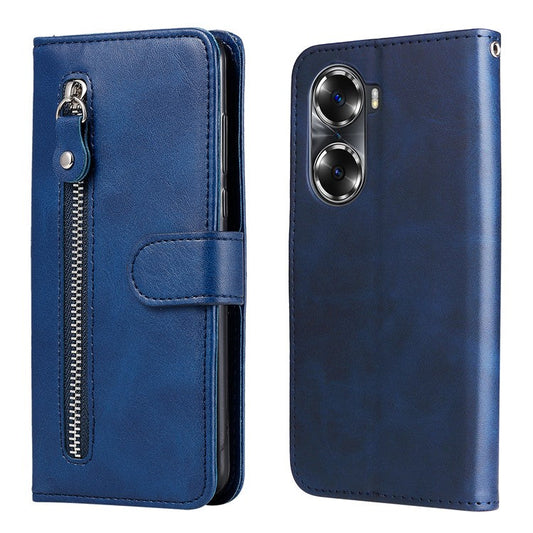 Drop Proof PU Leather Zippered Pocket Phone Case Coin Holder Wallet Stand Folding Case for Honor 60 - Blue
