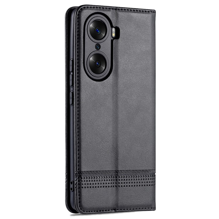 AZNS Fall Prevention PU Leather Wallet Flip Case Magnetic Absorption Folding Stand Protective Cover for Honor 60 - Black