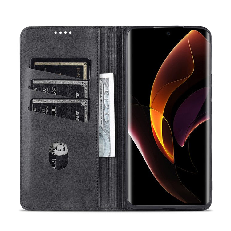 AZNS Fall Prevention PU Leather Wallet Flip Case Magnetic Absorption Folding Stand Protective Cover for Honor 60 - Black