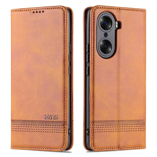 AZNS Fall Prevention PU Leather Wallet Flip Case Magnetic Absorption Folding Stand Protective Cover for Honor 60 - Brown