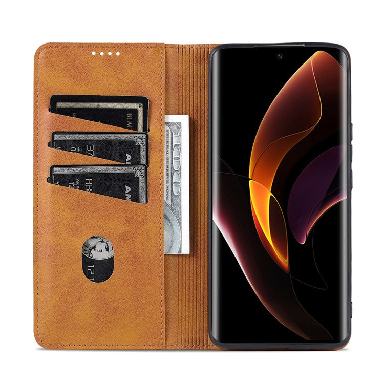 AZNS Fall Prevention PU Leather Wallet Flip Case Magnetic Absorption Folding Stand Protective Cover for Honor 60 - Brown
