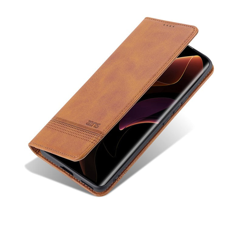 AZNS Fall Prevention PU Leather Wallet Flip Case Magnetic Absorption Folding Stand Protective Cover for Honor 60 - Brown