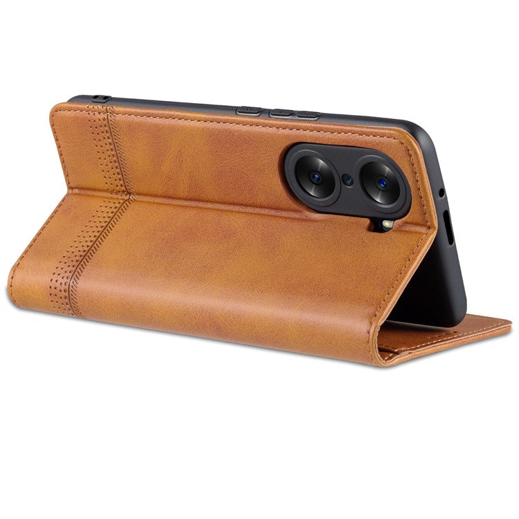 AZNS Fall Prevention PU Leather Wallet Flip Case Magnetic Absorption Folding Stand Protective Cover for Honor 60 - Brown