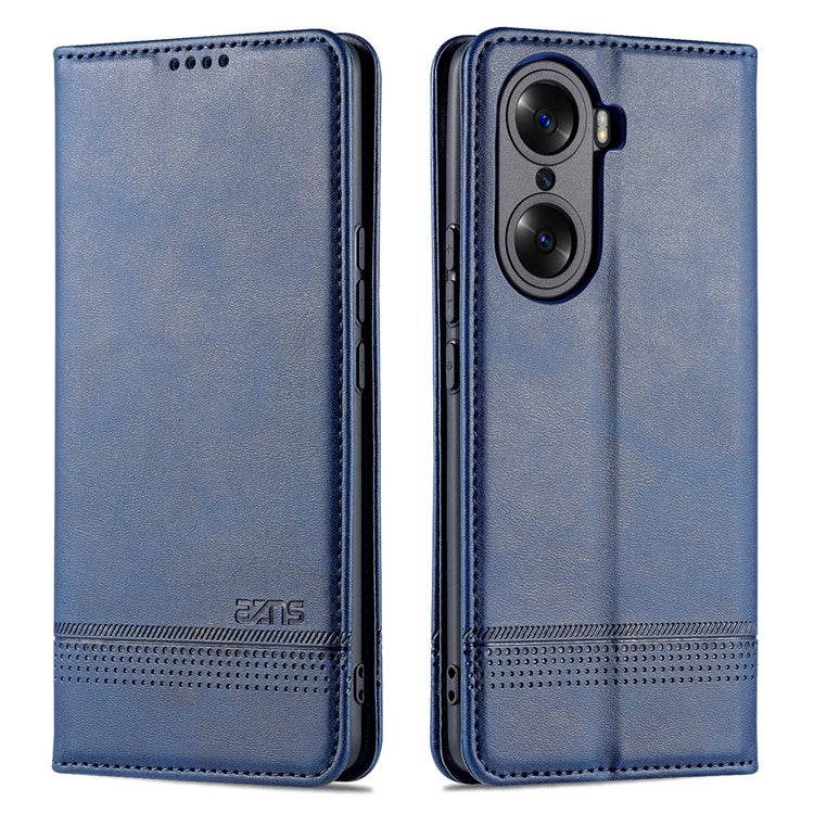 AZNS Fall Prevention PU Leather Wallet Flip Case Magnetic Absorption Folding Stand Protective Cover for Honor 60 - Blue