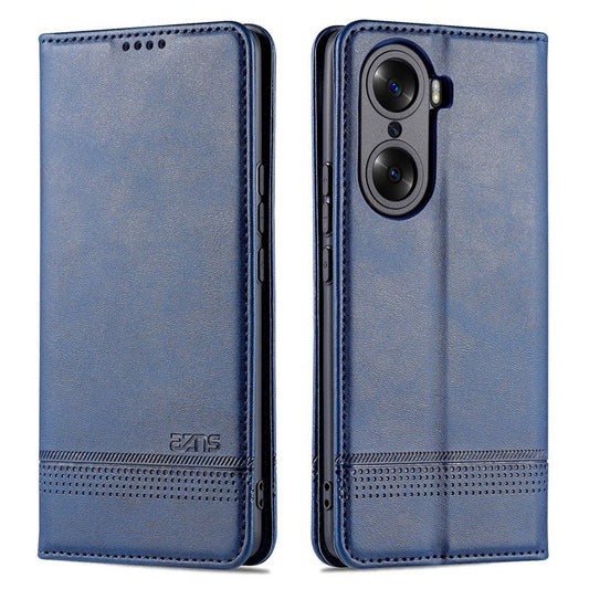 AZNS Fall Prevention PU Leather Wallet Flip Case Magnetic Absorption Folding Stand Protective Cover for Honor 60 - Blue