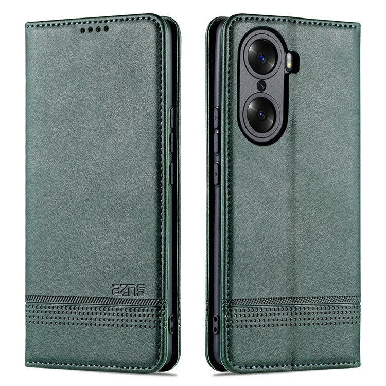 AZNS Fall Prevention PU Leather Wallet Flip Case Magnetic Absorption Folding Stand Protective Cover for Honor 60 - Green
