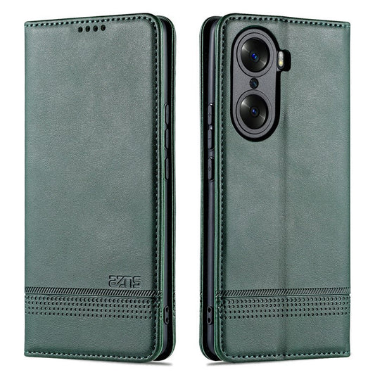 AZNS Fall Prevention PU Leather Wallet Flip Case Magnetic Absorption Folding Stand Protective Cover for Honor 60 - Green