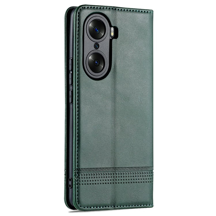 AZNS Fall Prevention PU Leather Wallet Flip Case Magnetic Absorption Folding Stand Protective Cover for Honor 60 - Green
