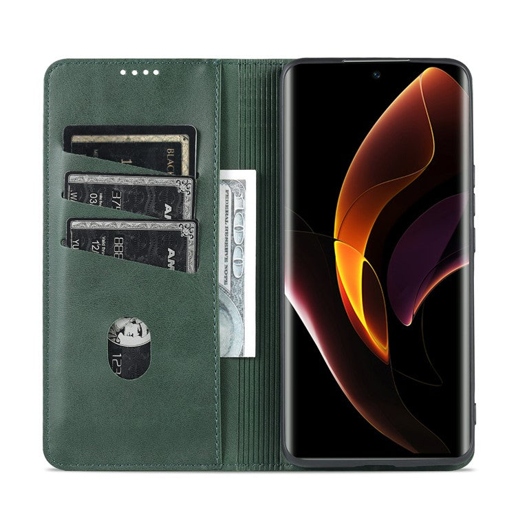 AZNS Fall Prevention PU Leather Wallet Flip Case Magnetic Absorption Folding Stand Protective Cover for Honor 60 - Green